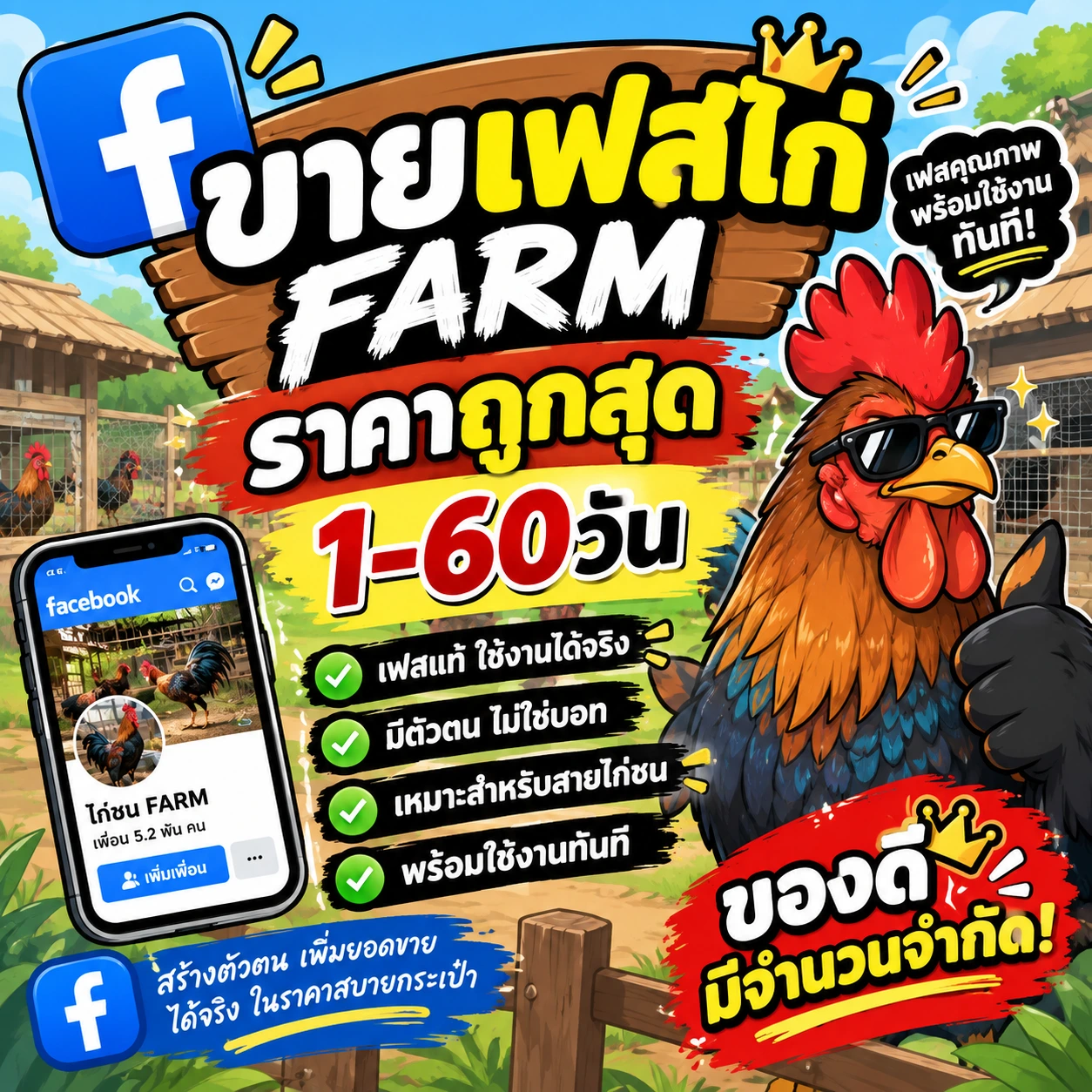 ซื้อ ขายเฟสไก่FARM ราคาถูกสุด 1-60วัน - YINGADS